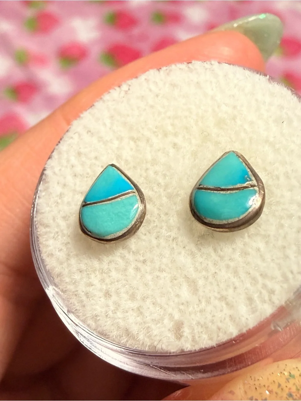 Vintage Zuni-Style Teardrop Turquoise Channel Inlay Sterling Silver Earrings - Picture 3 of 7
